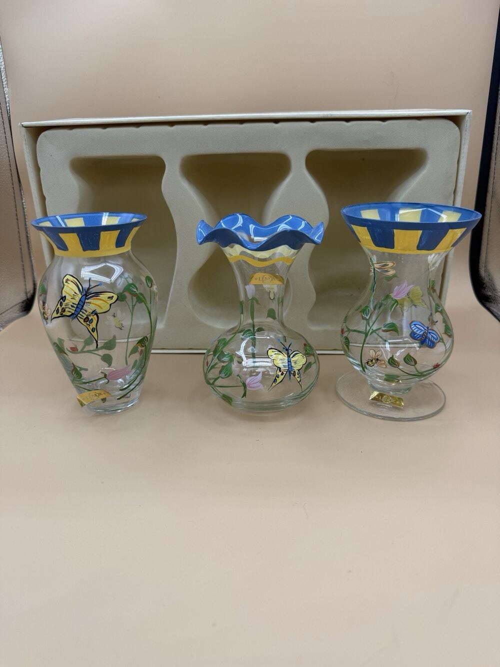 Lenox Hand Painted Glass Bud Vases Blue Yellow Butterfly Floral Design Set of 3